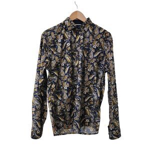 Consequence Mens Cotton Long Sleeve Button-Up Shirt Paisley Blue Yellow Size M